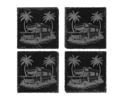 Four slate coasters, each engraved with a camper van and palm trees.