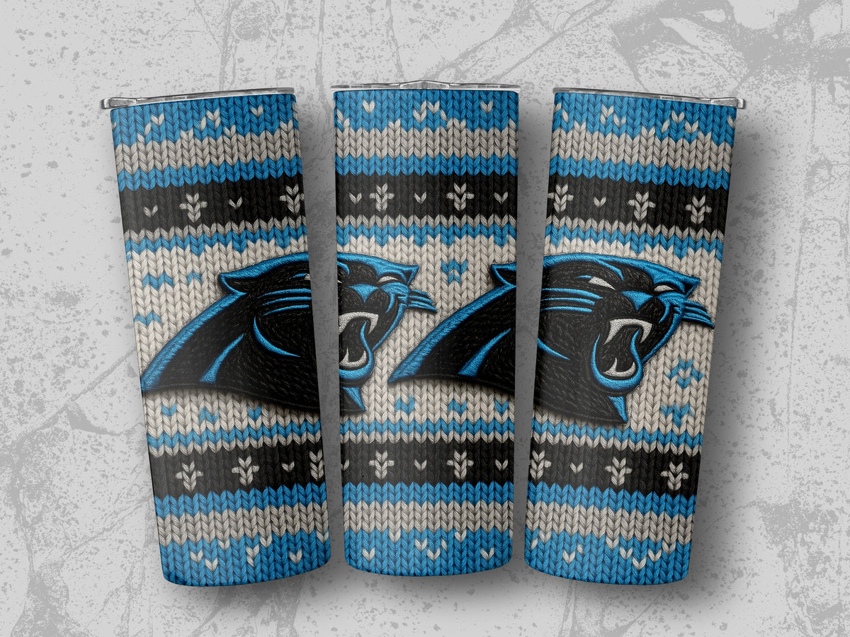Carolina Panthers logo on tumblers with blue, gray, and black knit pattern.