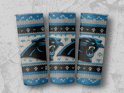 Carolina Panthers logo on tumblers with blue, gray, and black knit pattern.