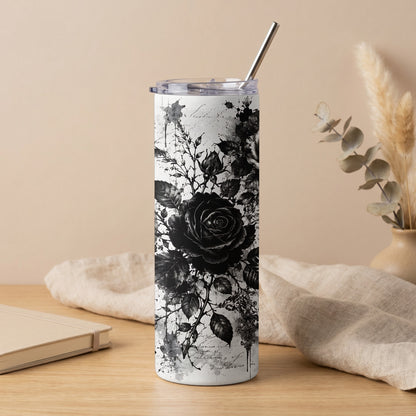White tumbler with black gothic rose design and metal straw.