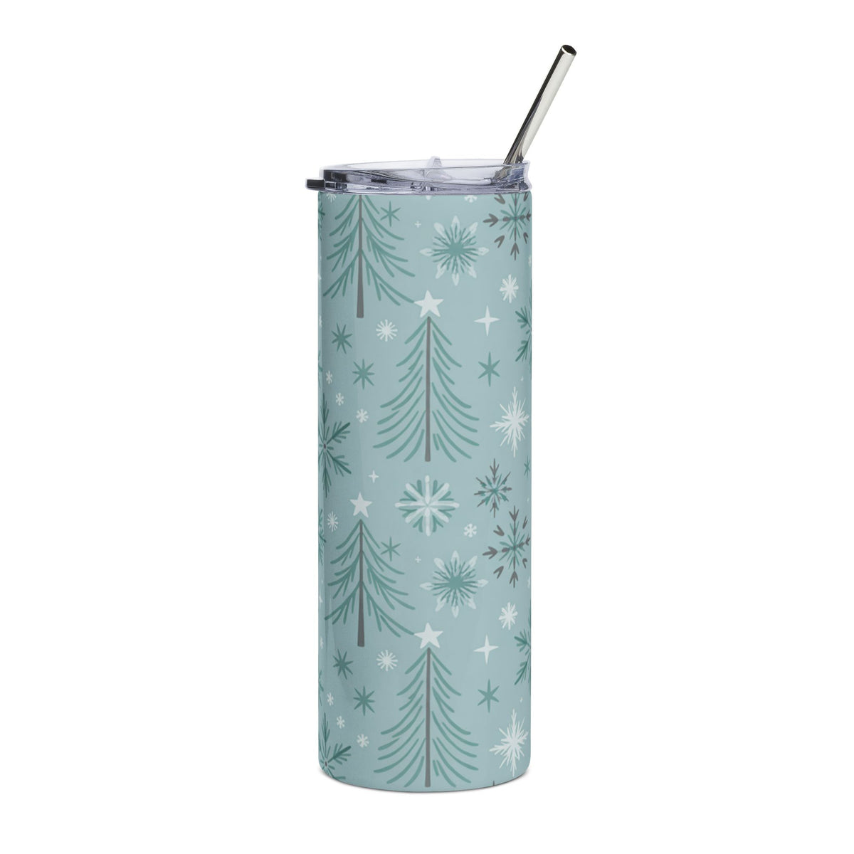 Light blue tumbler with evergreen trees and snowflakes pattern and metal straw.