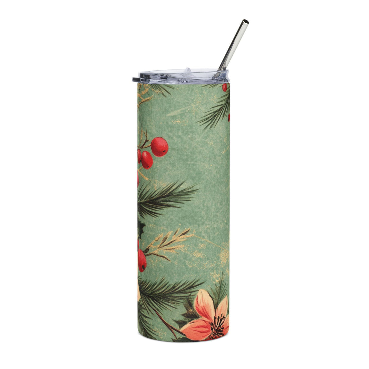 Tall tumbler with a mint green background, holly, berries, and pink flowers design.