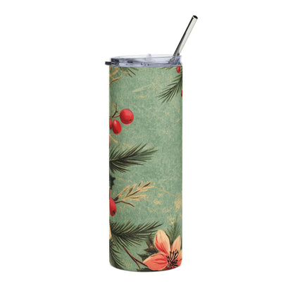 Tall tumbler with a mint green background, holly, berries, and pink flowers design.
