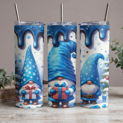 Three blue gnomes with presents and snowflakes on tumblers with straws.