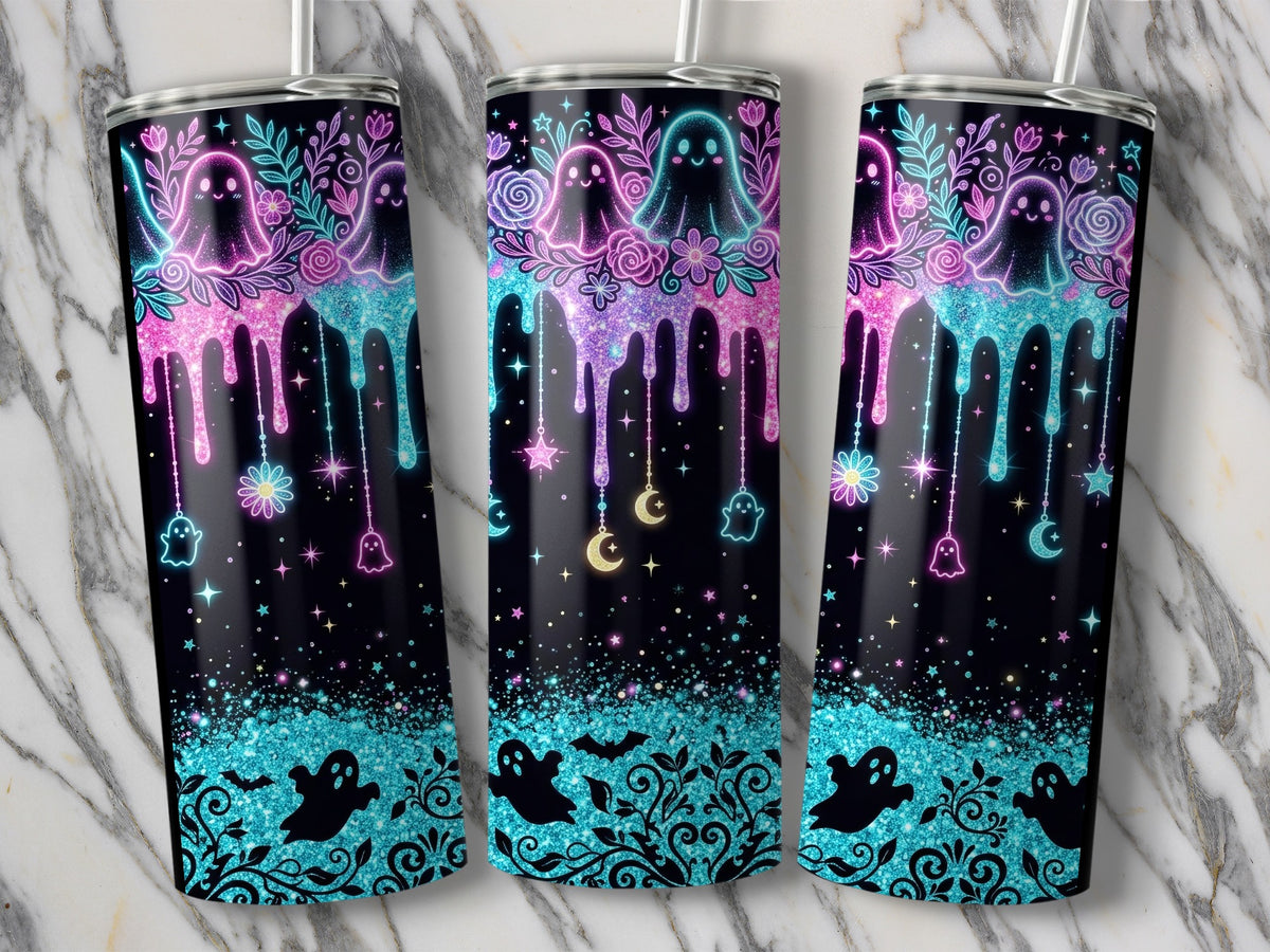 Three tumblers with neon ghost and floral designs on a black background.