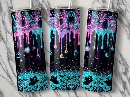 Three tumblers with neon ghost and floral designs on a black background.