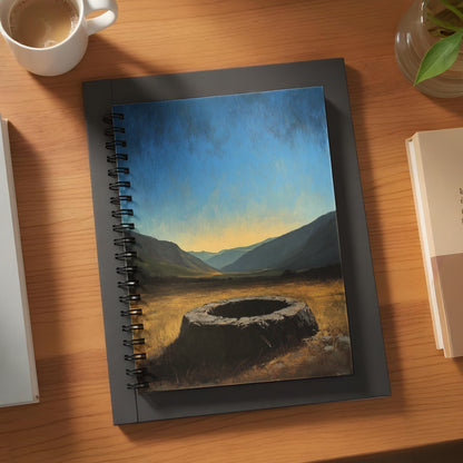 Notebook with painting of stone well in a valley at sunset.