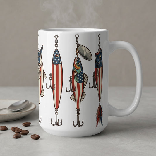 White mug with American flag fishing lures and steam rising.