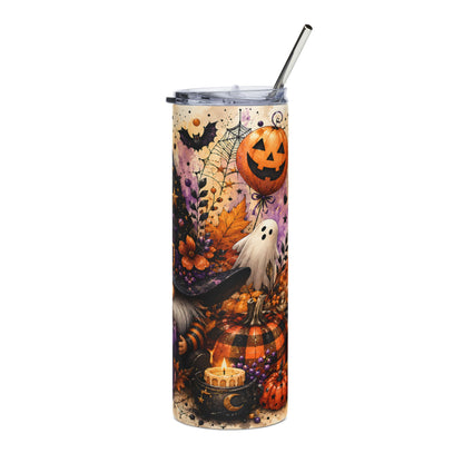 Tumbler with Halloween-themed artwork featuring pumpkins, a ghost, a witch's hat, bats, and a candle.