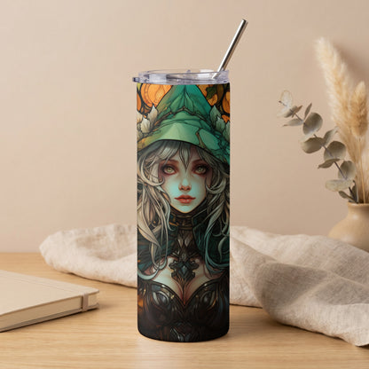 Tumbler featuring a fantasy woman with white hair and a green hat.