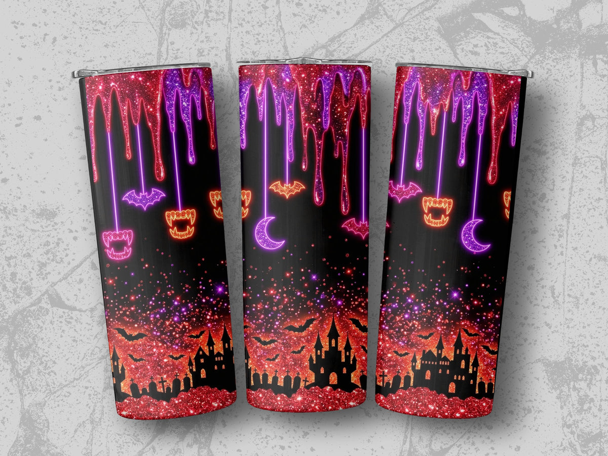 Three tumblers with a Halloween design featuring dripping glitter and spooky silhouettes.