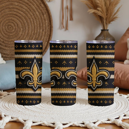 Three tumblers with a black, gold, and cream fleur-de-lis knit pattern.