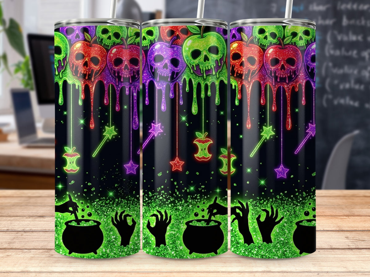 Glow-in-the-dark tumblers with dripping skull apples, cauldrons, and zombie hands.