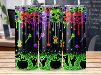 Glow-in-the-dark tumblers with dripping skull apples, cauldrons, and zombie hands.