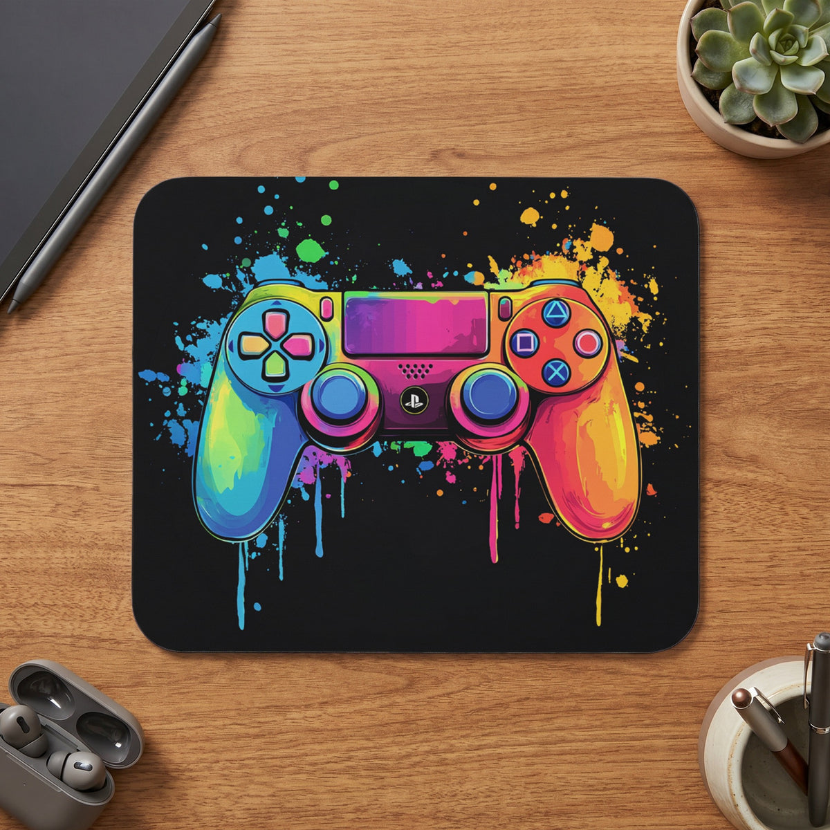 Colorful dripping paint video game controller on a black mousepad.