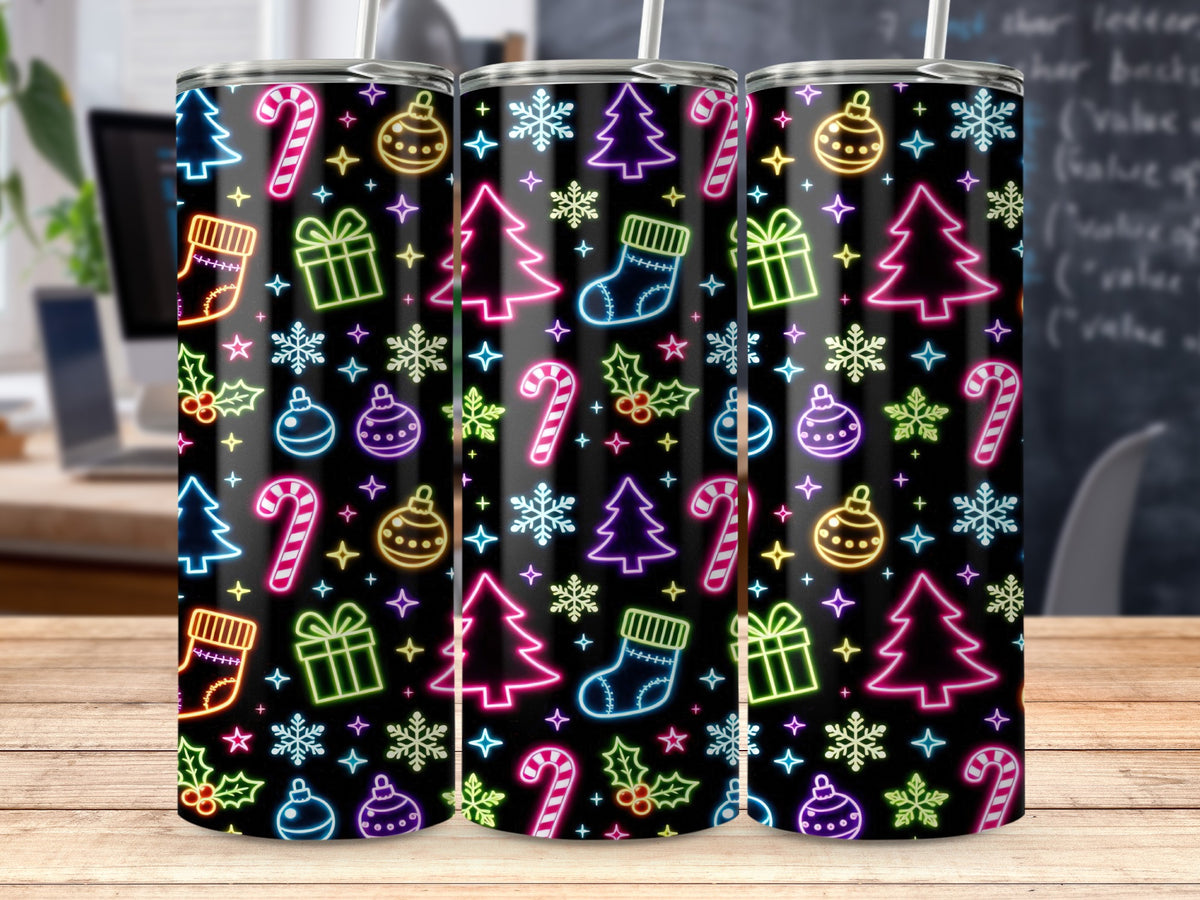 Three tumblers with a repeating neon Christmas pattern on a black background.