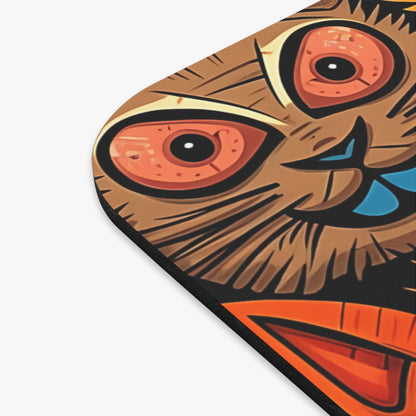 Close-up of a stylized owl face with orange eyes and brown feathers.