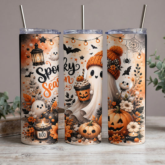 Three tumblers with Halloween designs featuring ghosts, pumpkins, and "Spooky Season" text.