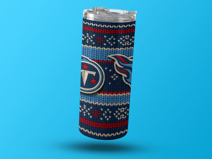 Tennessee Titans tumbler with a knitted sweater pattern and team logos.
