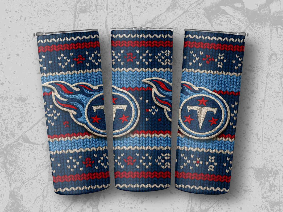 Tennessee Titans ugly sweater tumbler with blue, red, and cream knit pattern.