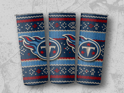 Tennessee Titans ugly sweater tumbler with blue, red, and cream knit pattern.