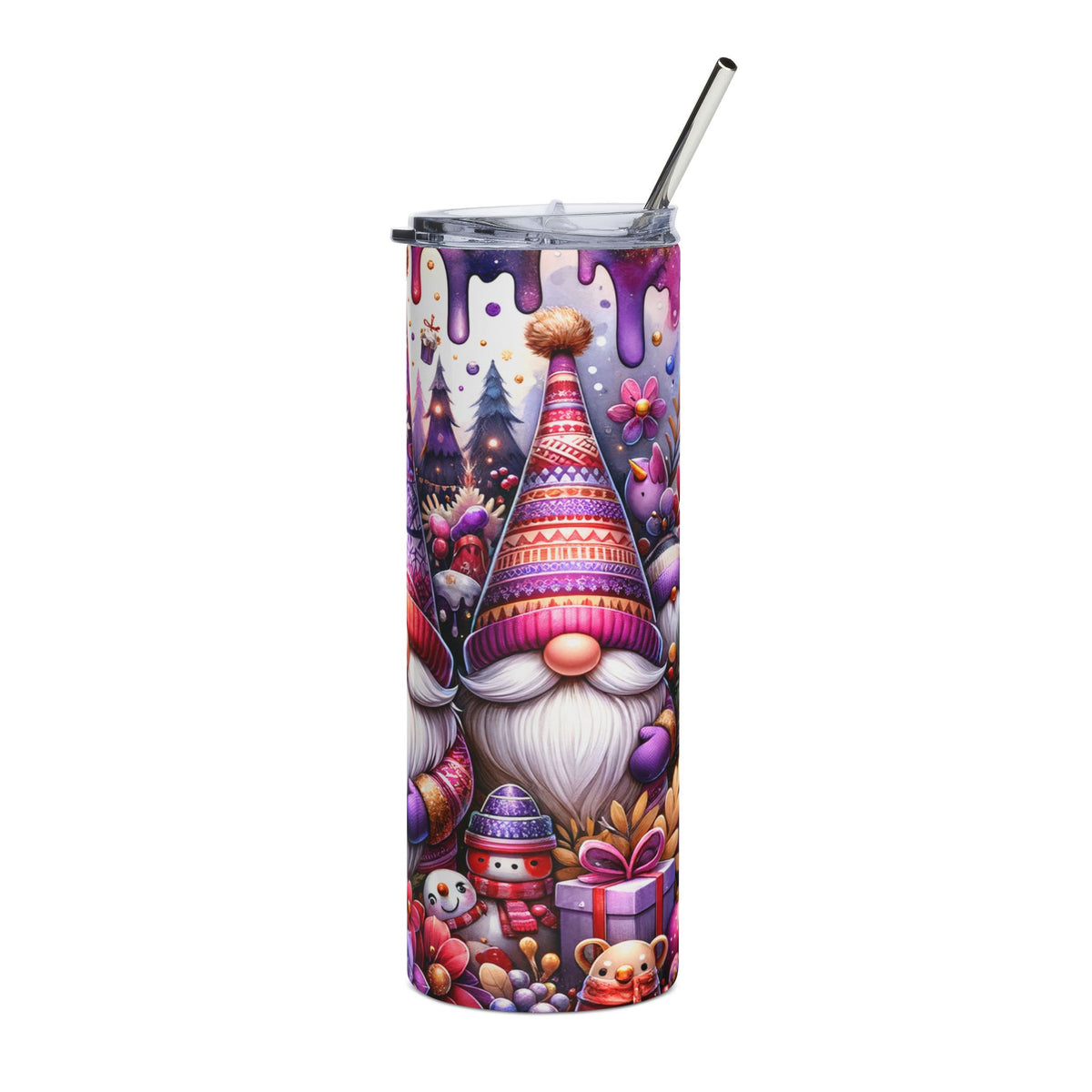 Tumbler with a gnome, snowman, and Christmas tree design, featuring a metal straw.