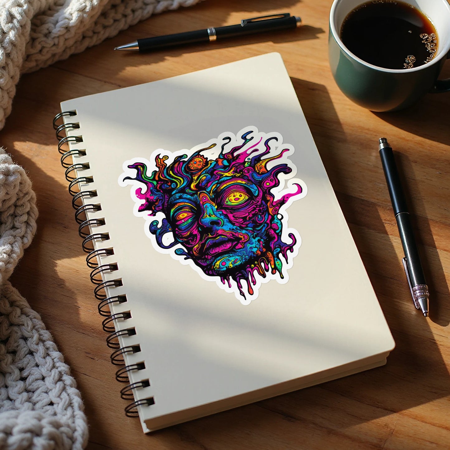 Psychedelic face sticker on a notebook with coffee and pens.