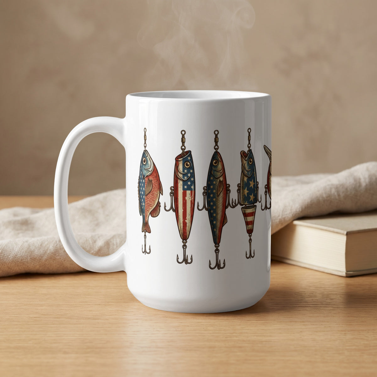 White mug with American flag fishing lures and steam rising.