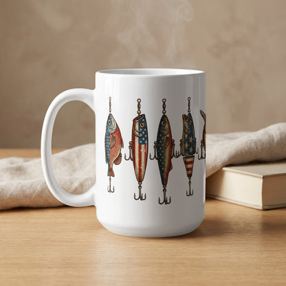 White mug with American flag fishing lures and steam rising.