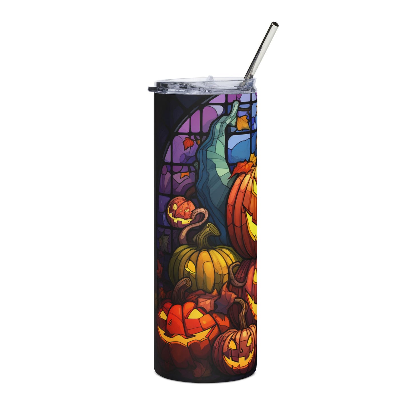 Tumbler with stained-glass Halloween pumpkins and falling leaves design.