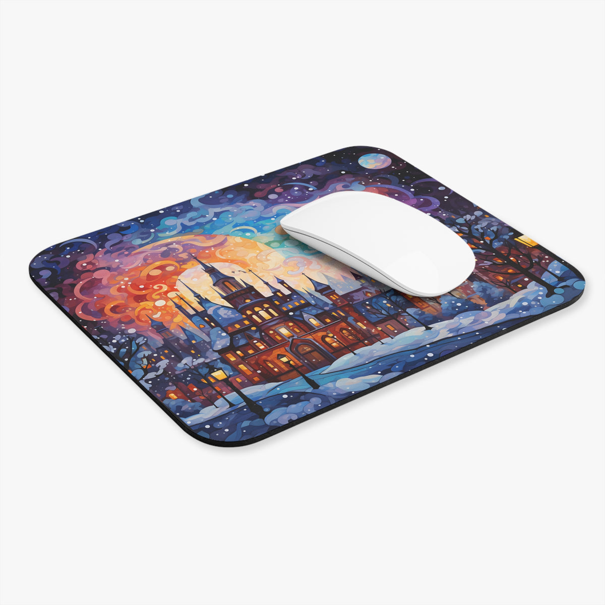 Mousepad with winter castle scene and moon, featuring a white computer mouse.