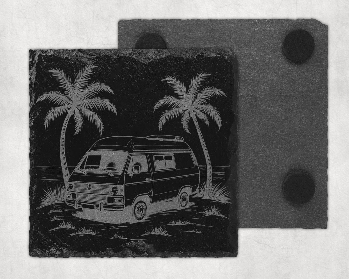 Slate coaster etched with a vintage van, palm trees, and ocean scene.