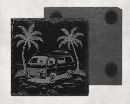 Slate coaster etched with a vintage van, palm trees, and ocean scene.