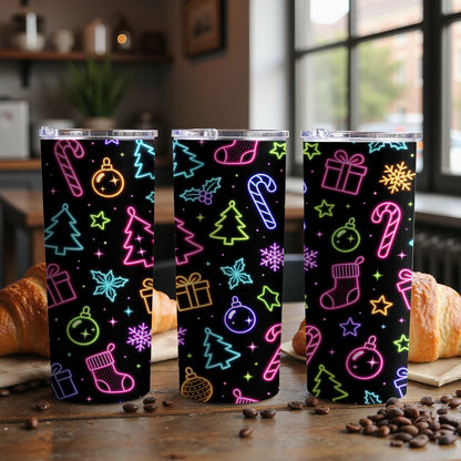 Three tumblers with a black background and neon Christmas pattern of trees, stockings, and ornaments.