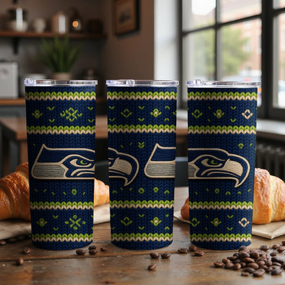 Three tumblers with Seattle Seahawks logo and knit pattern on a wooden table.