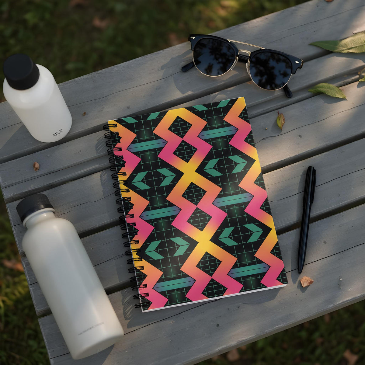 Spiral notebook with a bold, colorful geometric zig-zag pattern on a black background.