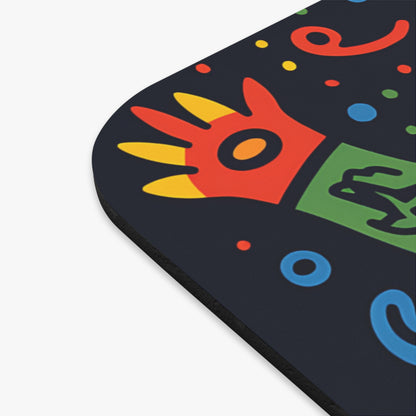 Dark gray mousepad with colorful abstract shapes: red hand, green box, blue circles, and red swirls.