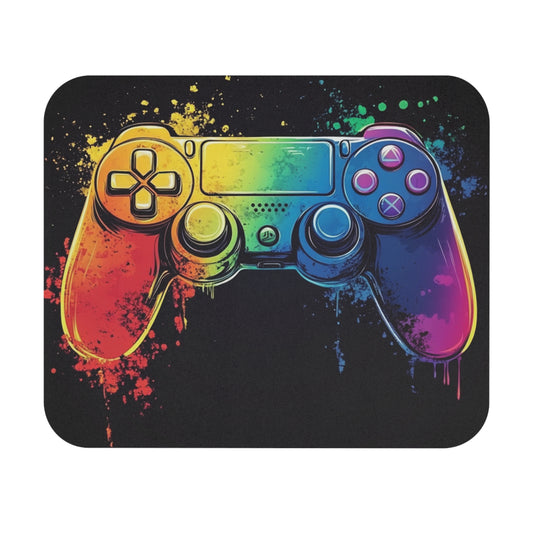 Gaming controller with rainbow paint splatter effect on black background.