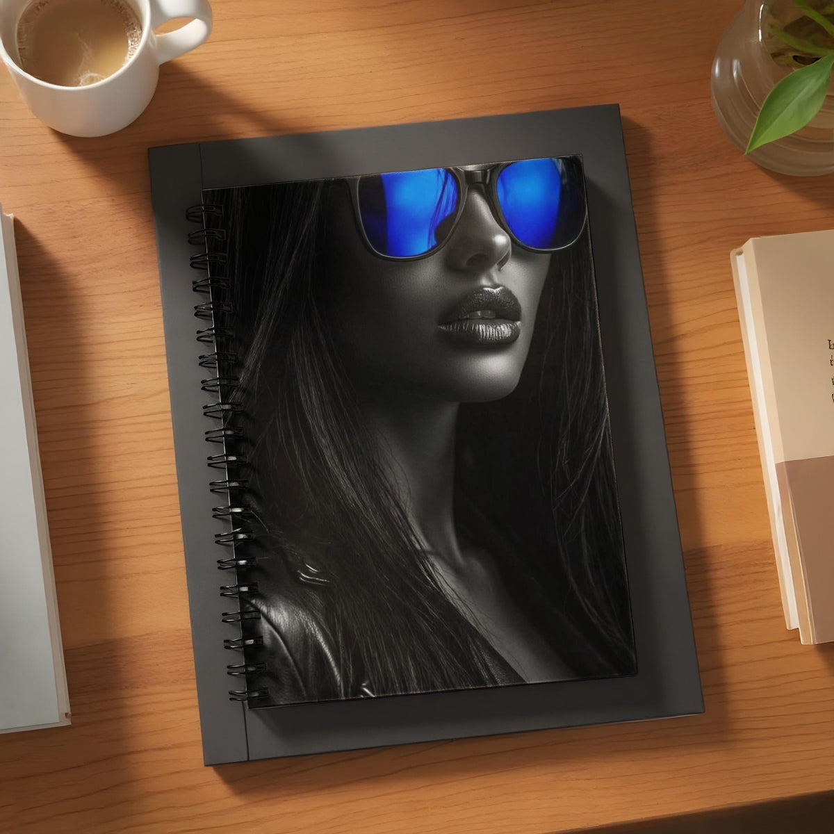 Spiral notebook with a woman wearing sunglasses on the cover.