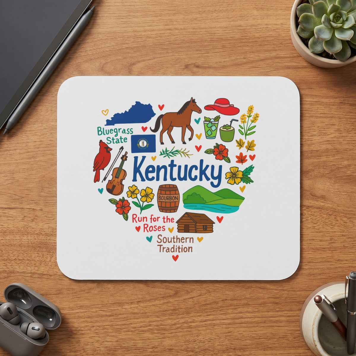 Kentucky themed mousepad with heart-shaped collage of state icons and text.
