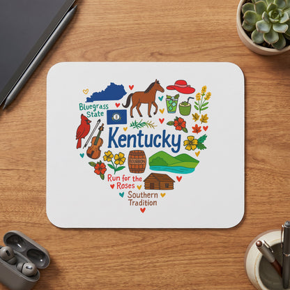 Kentucky themed mousepad with heart-shaped collage of state icons and text.