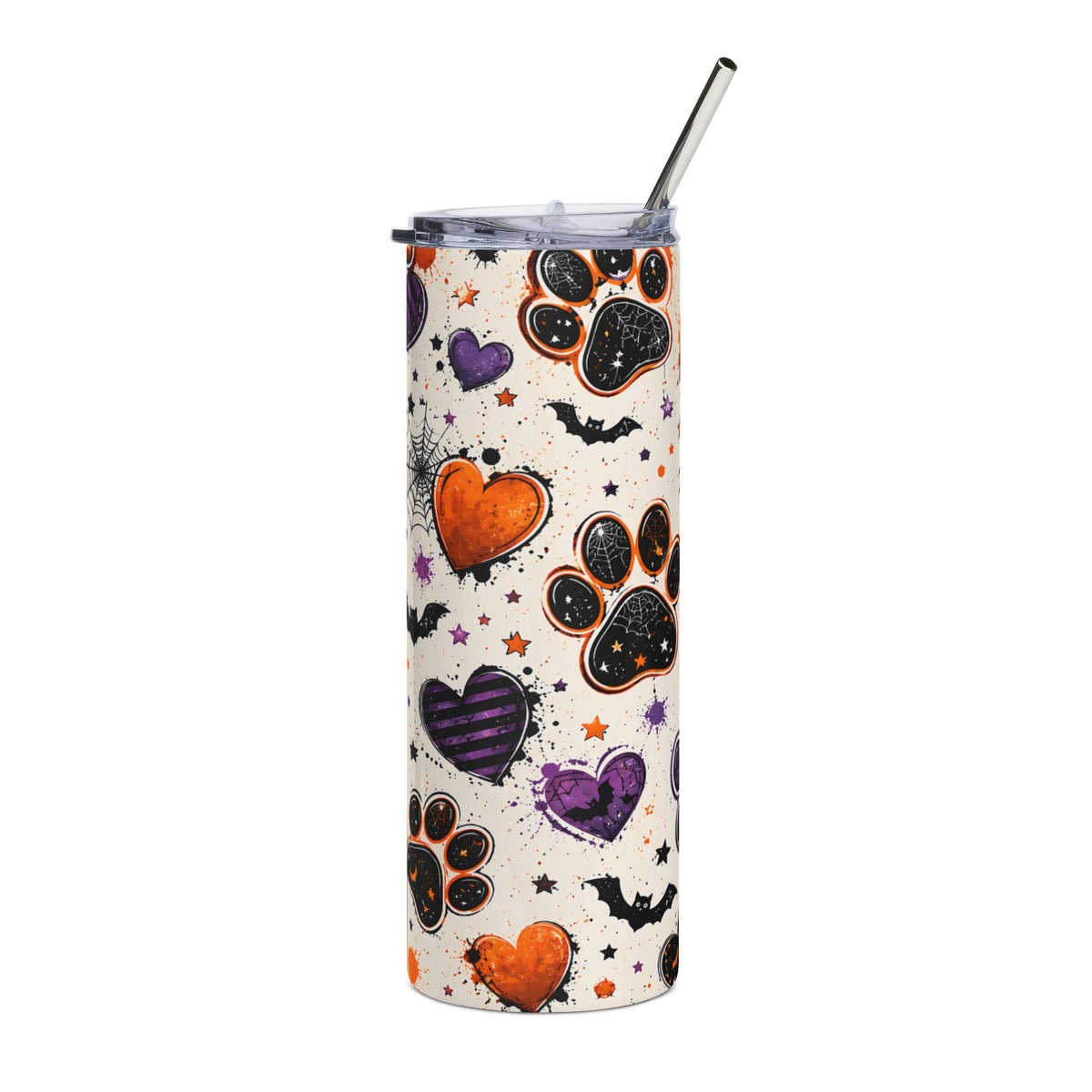 Tumbler with a Halloween pattern of paw prints, hearts, bats, spiders, and stars.