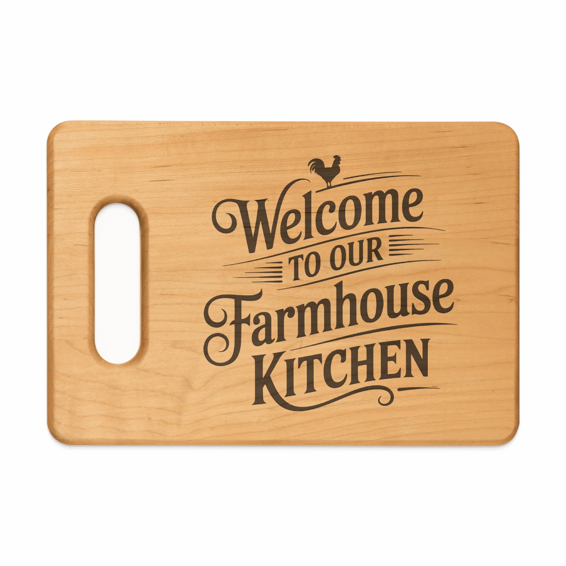 Wooden cutting board with "Welcome to Our Farmhouse Kitchen" text and rooster silhouette.