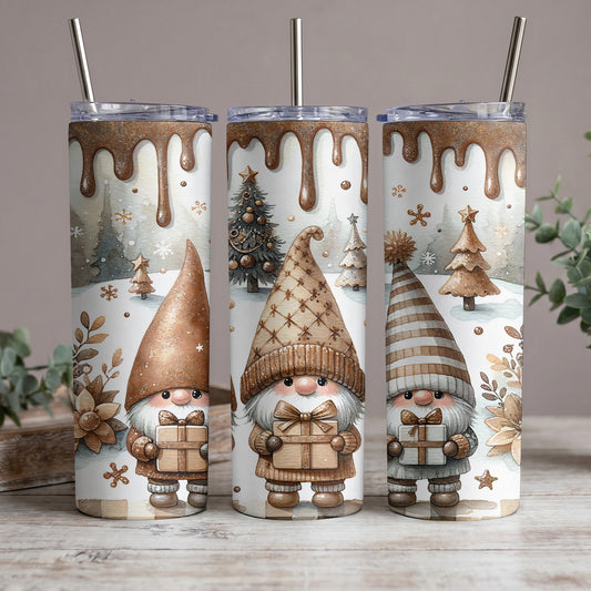 Three gnomes holding gifts with a winter forest scene and chocolate drip pattern.