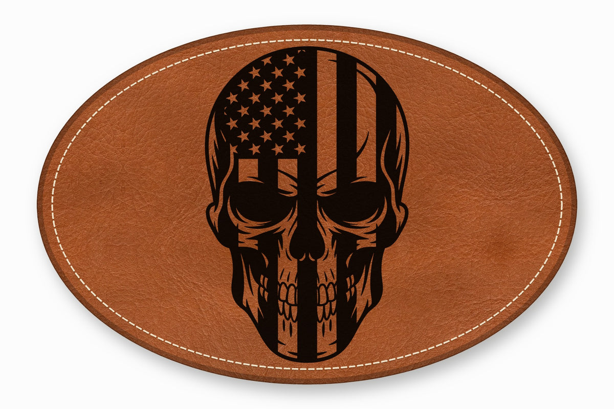 An oval brown leather patch featuring a black laser-engraved skull with an American flag design.