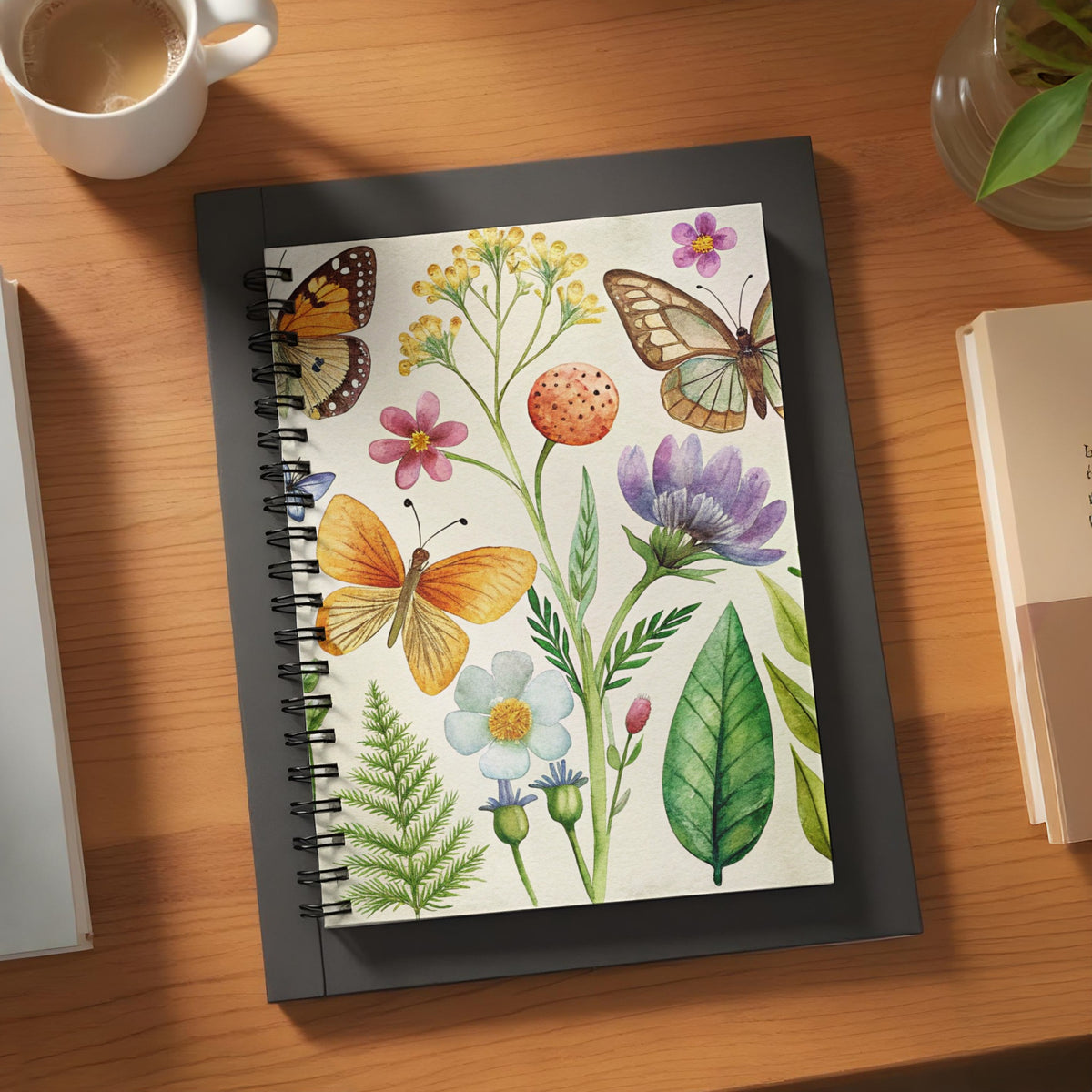 Spiral bound journal with watercolor butterflies and floral illustrations.