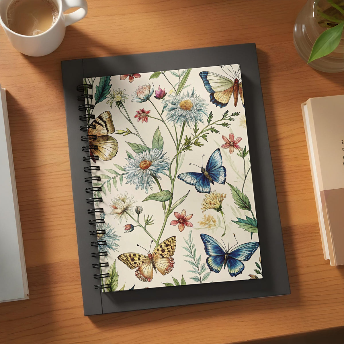 Spiral notebook with floral and butterfly illustration on cream background.