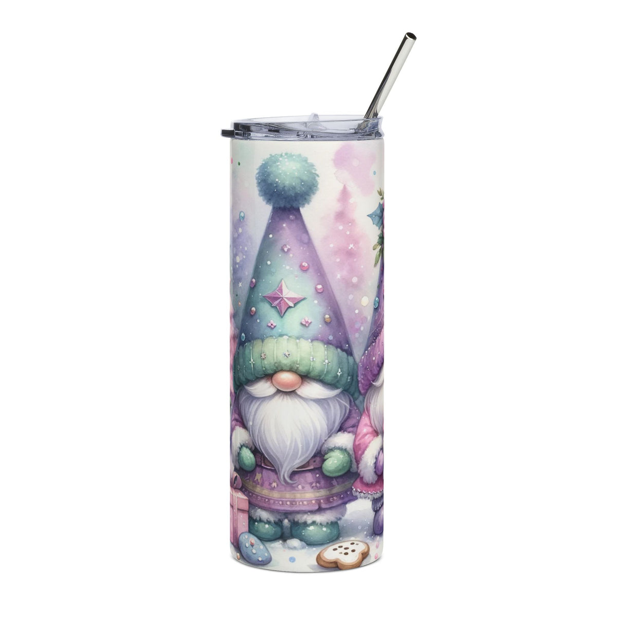 Tumbler with watercolor gnomes, gifts, and cookies with a winter scene.