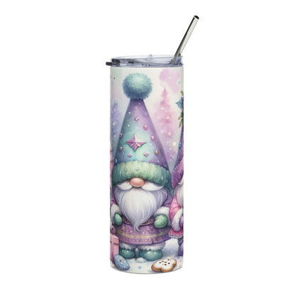 Tumbler with watercolor gnomes, gifts, and cookies with a winter scene.