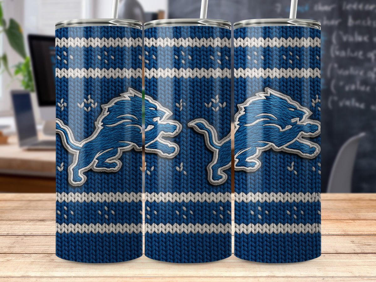 Detroit Lions logo on blue and white knitted pattern tumbler.